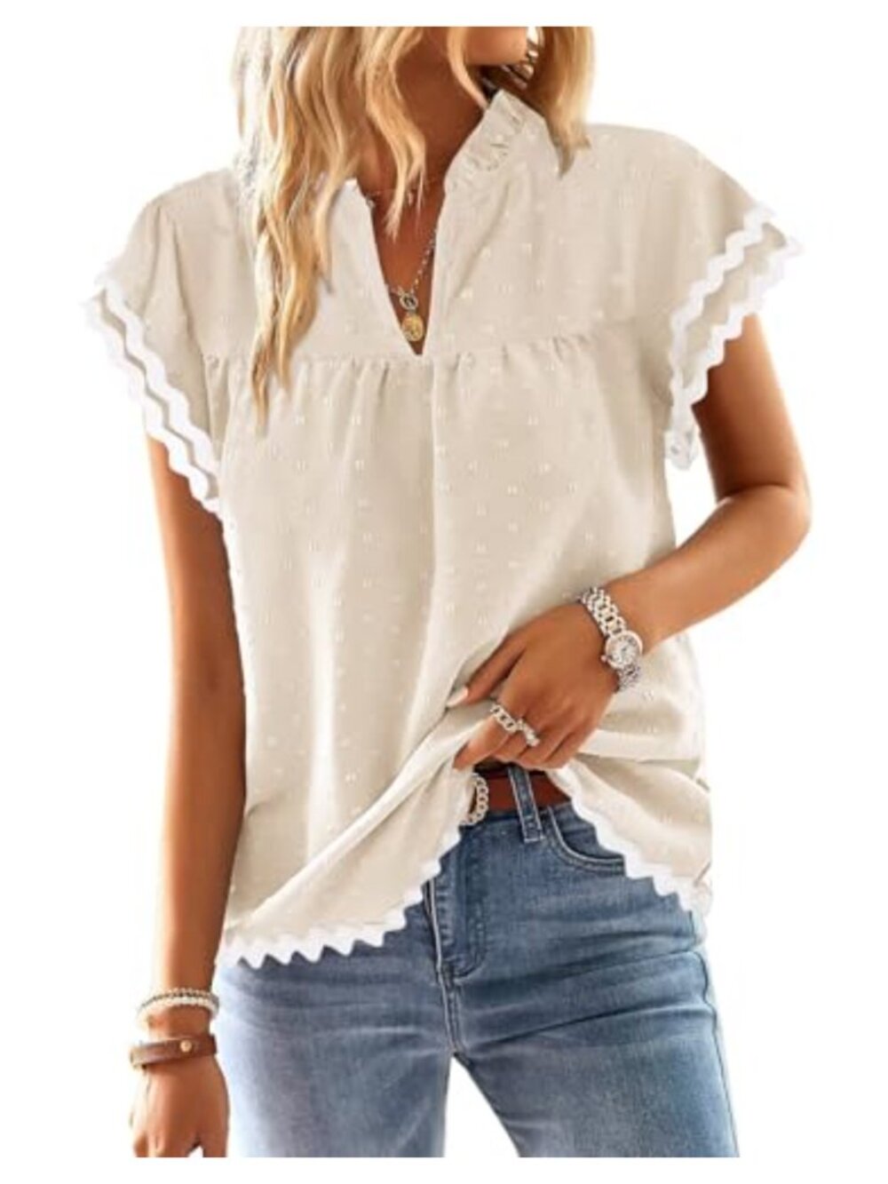 Womens Boho Ruffle Sleeve Flowy V Neck Smocked Summer Top Tunic